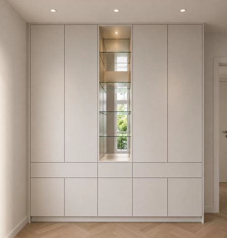 Weißer raumhoher Einbauschrank mit grifflosen Fronten und beleuchteter Glasvitrine in der Mitte