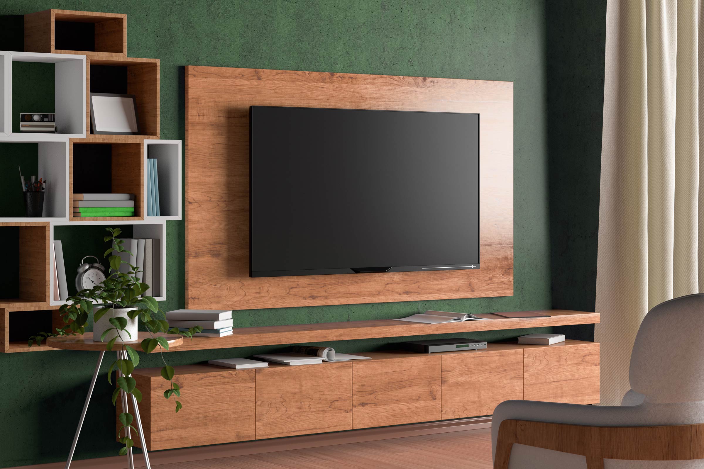 Fernsehmöbel mit Einbauschrank im Wohnzimmer