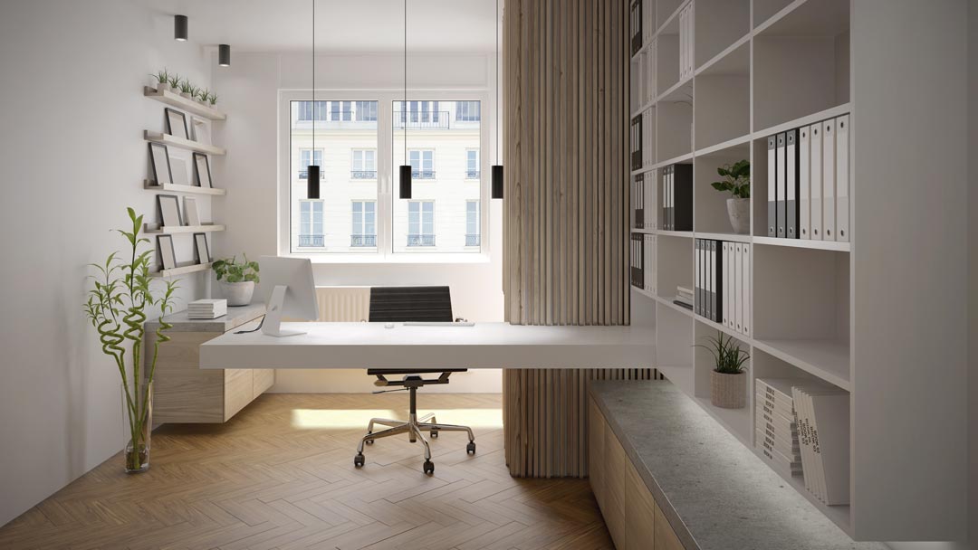 Hängendes Regal und Lowboard als Büro-Einbauschrank mit Schreibtisch